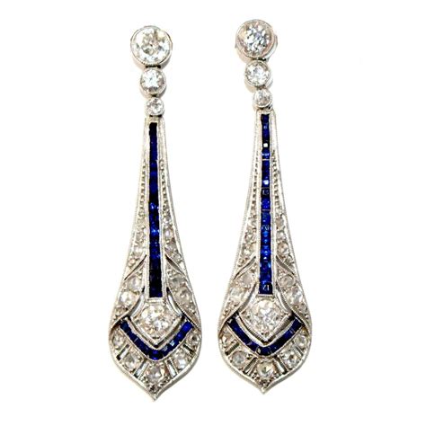 Art Deco French Sapphire And Diamond Drop Earrings C1930 Bada