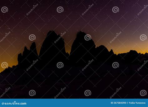 Dolomites Winter Night Landscape With Stars On The Dark Sky Stock Photo