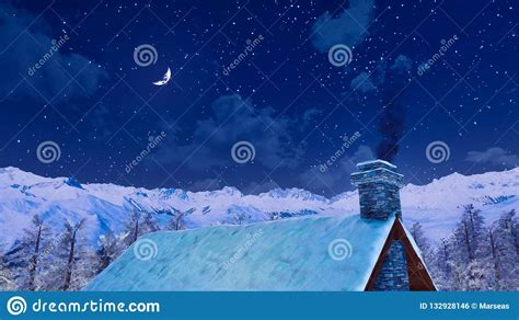 House Roof With Smoking Chimney At Winter Night Stock Illustration