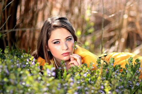 Shallow Focus Photography Woman Lying Grass Girl Blue Eyes Seductive Flowers Blonde