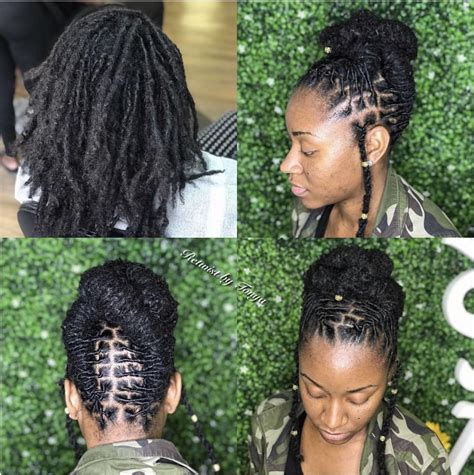 Here, fake pink hair has been braided into the roots of the real hair and rolled into faux locs. Beautiful loc updo | Locs hairstyles, Short locs ...