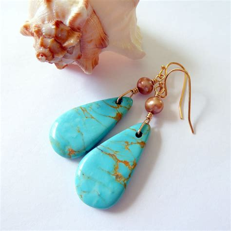 Kingman Turquoise Pearl Kt Gold Earrings Mother S Day Etsy