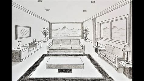 One Point Perspective Drawing Living Room