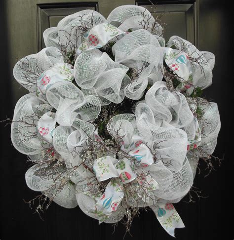 Frosty White Deco Mesh Christmas Wreath With Frosted Twig