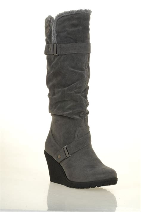 Faux Suede Slouchy Strapped Wool Trim Knee High Wedge Boots Knee
