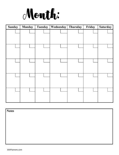 Printable Blank Monthly Calendar With Notes Blank Download Printable