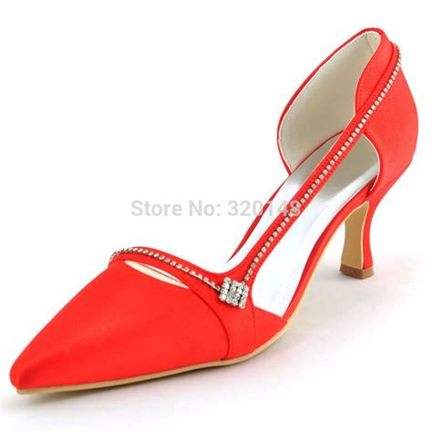 Elegant Women Shoes A003 Red Mid Heel Rhintestones Prom Pumps Satin Lady Bridesmaids Women