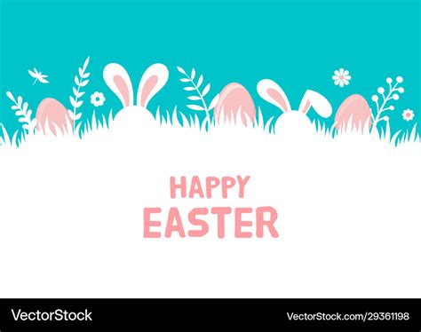 Happy Easter Banner With Bunny Flowers And Eggs Vector Image
