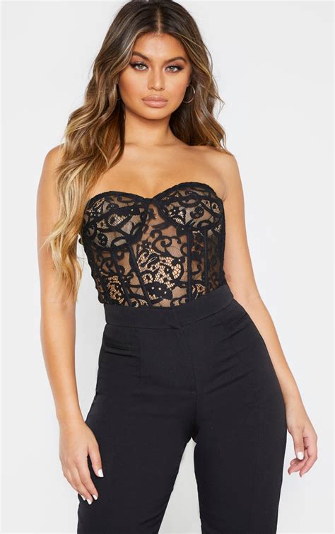 black sheer lace structured corset top tops prettylittlething usa
