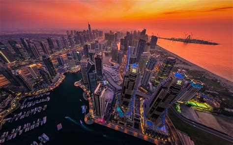 Aerial View Of Dubai At Sunset Hd Wallpaper Background Image