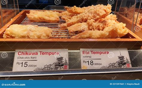 Japanese Food Tempura Chikuwa And Tempura Ebi Are On Display For Sale Editorial Photo Image