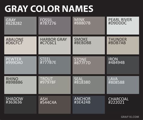 Names And Codes Of All Color Shades Grey Color Names Color Meanings