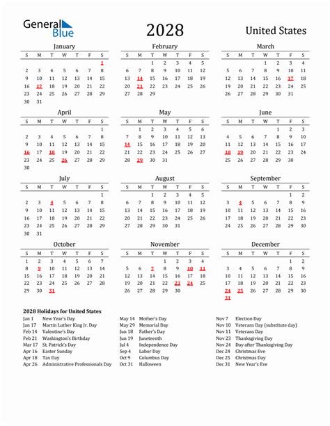 Free United States Holidays Calendar For Year 2028