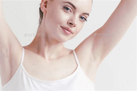Armpits Woman Beautiful Body Depilation Arms Up Female Beauty Stock