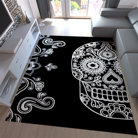 Tibet5082 moderner designer teppich gemustert strapazierfähig in grau. Moderner Teppich Schwarz Weiß Kunstvoll Design Totenkopf ...