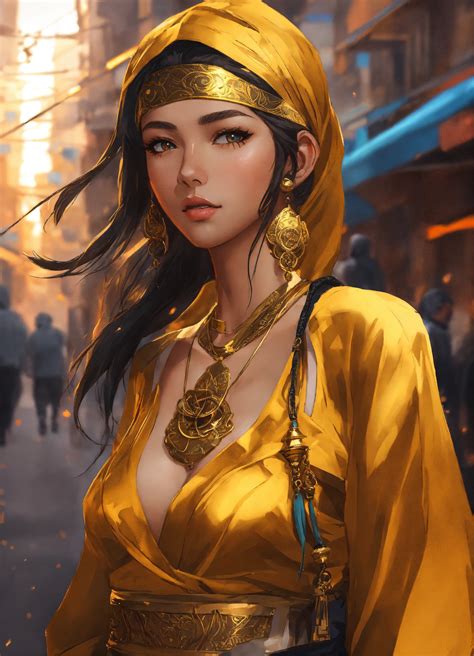 Lexica 8k Wallpaper Of A Beautiful Anime Ninja Girl Wearing Gold Jewelry In The Streets Of A