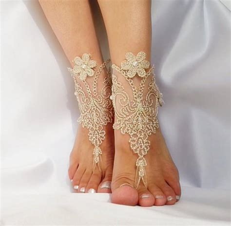 Burlap Rustic Gold Barefoot Sandals French Lace Nude Shoes Yoga Anklet