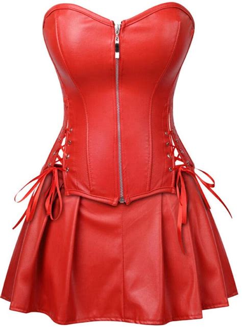 home wang gothic front zipper faux leather corset dress overbust bustier mini skirt sexy