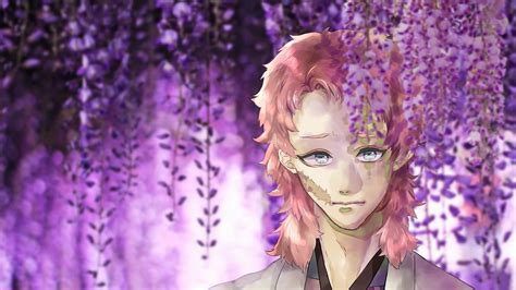 Demon Slayer Sabito With Brown Hair Near Purple Flowers Hd Anime