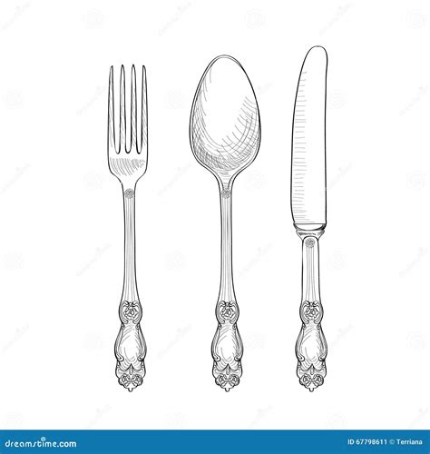 Fork Knife Spoon Sketch Set Cutlery Hand Drawing Collection Stock