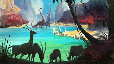 Digital Art Nature Landscape Prehistoric Dinosaurs Animals Wildlife Fantasy Art Lake