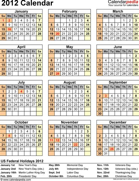 2012 Calendar With Federal Holidays