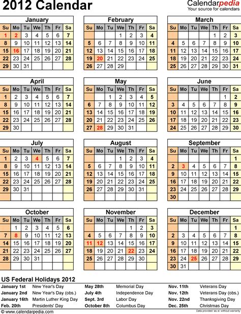2012 Calendar with Federal Holidays