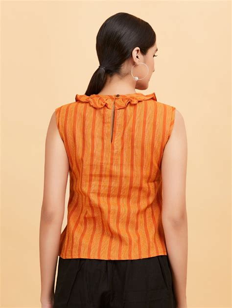 Buy Orange Striped Khadi Top Online At Theloom Cotton Tops Designs