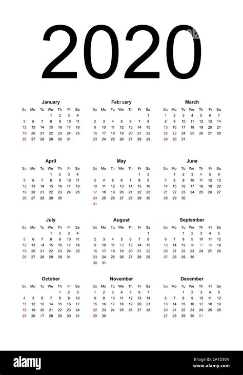 Calendar 2020 Black And White Mock Up Calendar Week Starts From