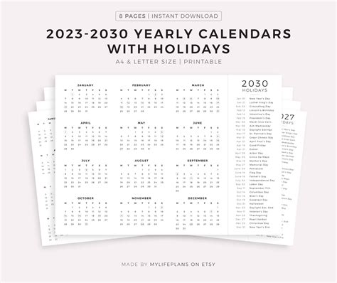 2023 2030 Year Calendars With Holidays On One Page Printable Etsy