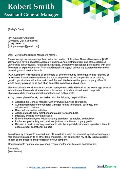 Assistant General Manager Cover Letter Examples QwikResume