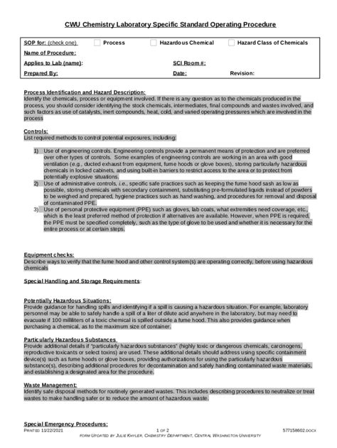 Chemical Warehouse Standard Operating Procedure Template Doc