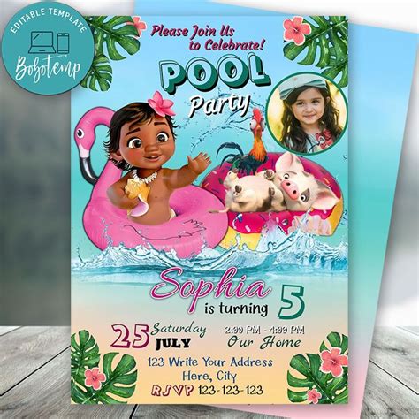 Editable Disney Princess Moana Baby Pool Party With Photo Diy Bobotemp