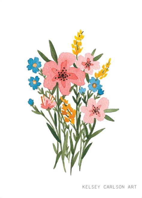 Illustrated Wildflower Bouquet Watercolor Art By Kelseycarlsonart