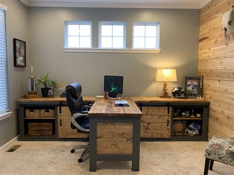 Diy Rustic Office Desk With Sliding Barn Door Cabinets On Both Sides