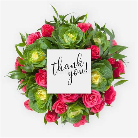 Fresh Flowers Bunch And Card With Words Thank You Written On It Stock