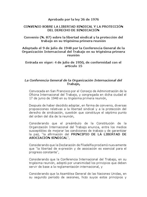 Convenio 87 Oit Pdf Tratado Organización Internacional Del Trabajo