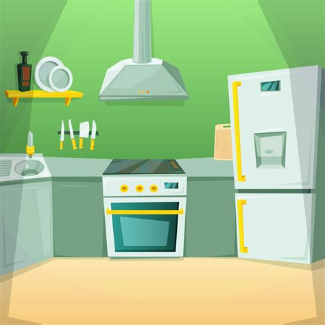 Cartoon Pictures Of Kitchen Interior With Different Furniture Items By