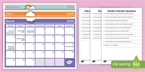Australian Calendar 2020 Activity Sheets Teacher Made