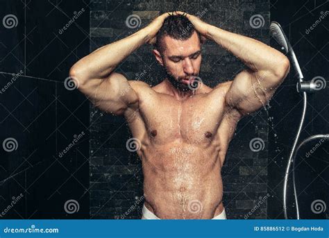 Handsome Man Taking A Shower In The Morning Natural Looking Athlete