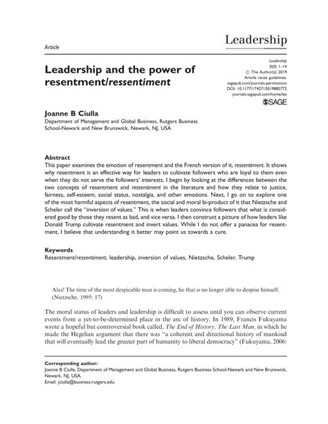 Pdf Leadership And The Power Of Resentmentressentiment