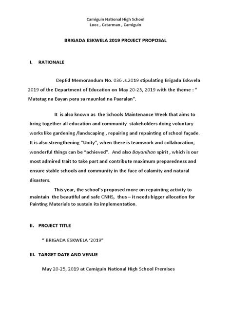 Brigada Eskwela 2019 Project Proposal Camiguin National High School