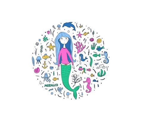 Mermaid And Sea Set Vector Illustration Stock Vector Illustration