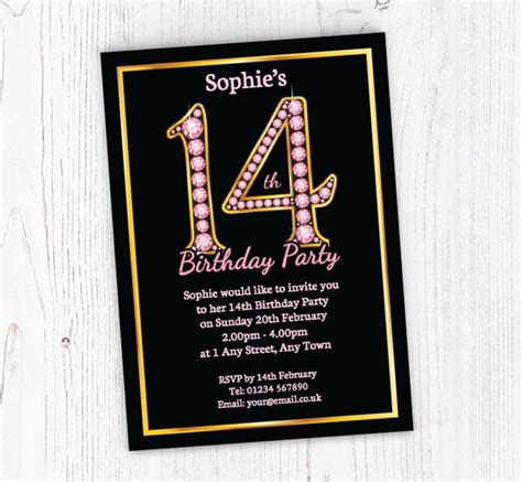 Pink Diamonds 14th Birthday Party Invitations Personalise Online Plus Free Envelopes Putty Print
