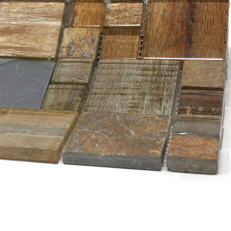 Tbssg 05 Random Square Brown Wood Look Glass And Stone Mosaic Tile