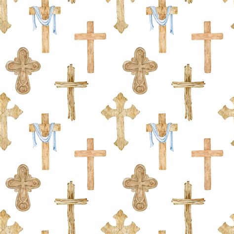 Premium Photo Watercolor Seamless Pattern Of Wooden Christian Crosses