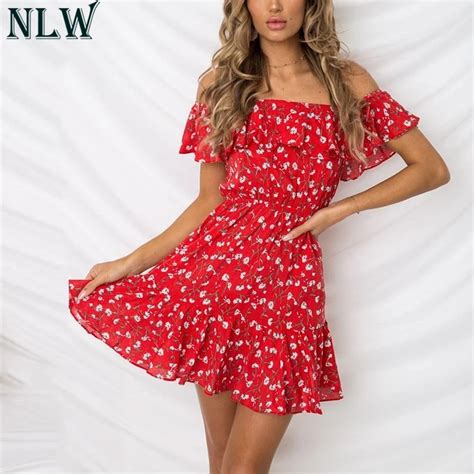 nlw red floral print mini dress ruffle off shoulder summer dress 2018 women girl beach party