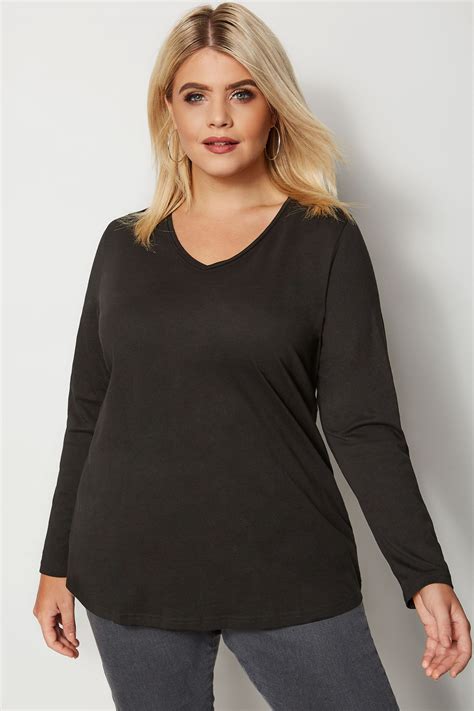 Black Long Sleeved V Neck Jersey Top Plus Size 16 To 36 Yours Clothing