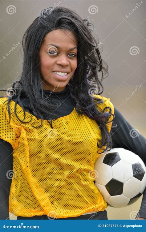 Attractive African American Woman Football Soccer Player Stock Photo