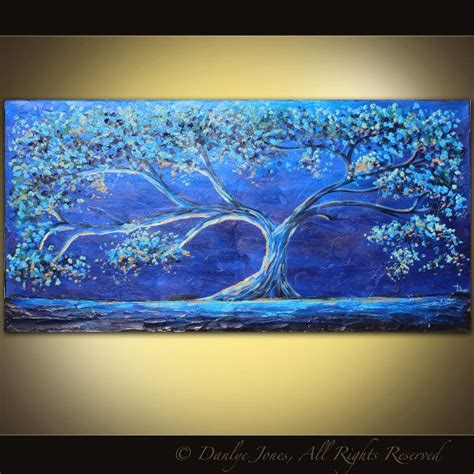 An Abstract Painting Of A Blue Tree With White Flowers On Its Trunk